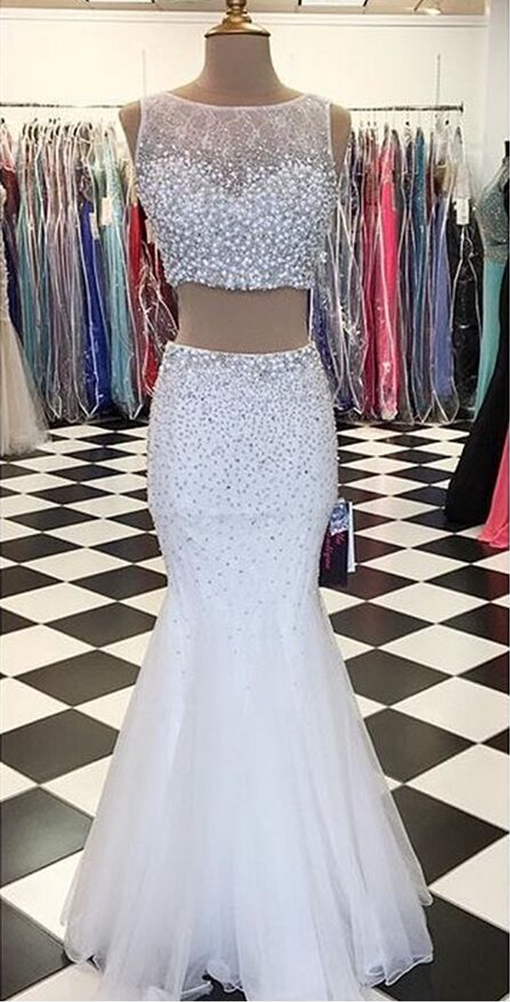 Sexy 2pc Prom Dress With Beads,beading Prom Evening Party Dress,luxury White Beads Prom Evening Party Gowns For Women