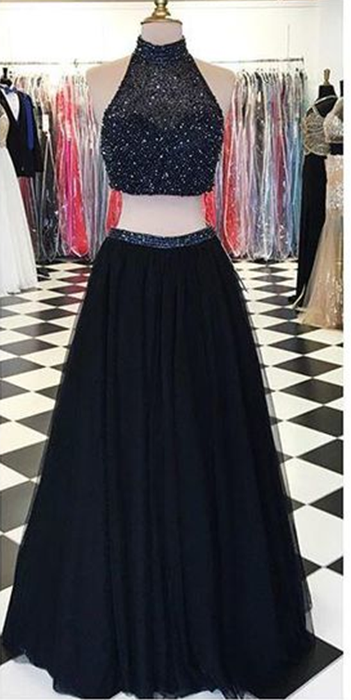 Long Two Pieces Beaded Prom Dresses High Neck Black Tulle Evening Dresses Elegant A-line Formal Party Gowns