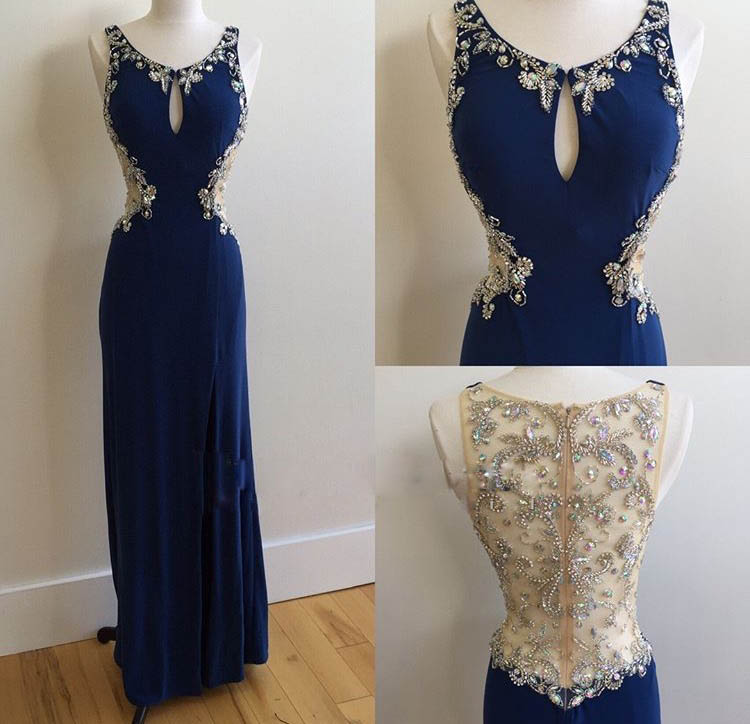 Long Dark Blue Chiffon Beaded Crystals Prom Dresses See Through Back Mermaid Formal Gowns Sexy Party Evening Dresses