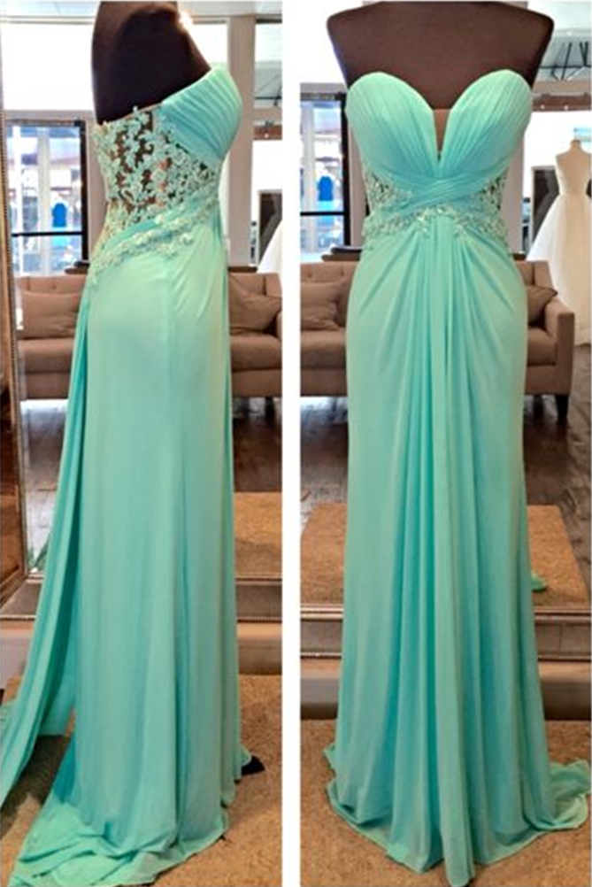 Women Dresses Blue Chiffon Long Sweetheart Prom Party Dresses Appliques Formal Evening Gowns