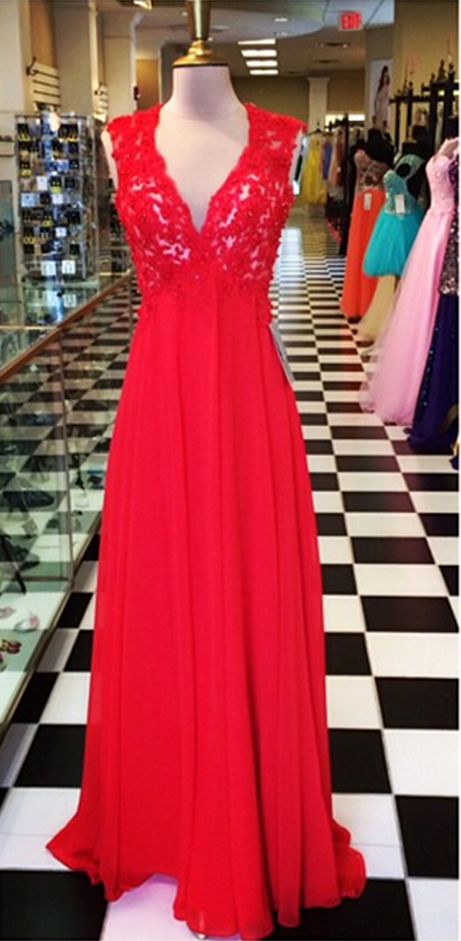 A Line Red Chiffon Prom Dresses V Neck Keyhole Back Sleeveless Evening Party Dresses Gowns Vestidos