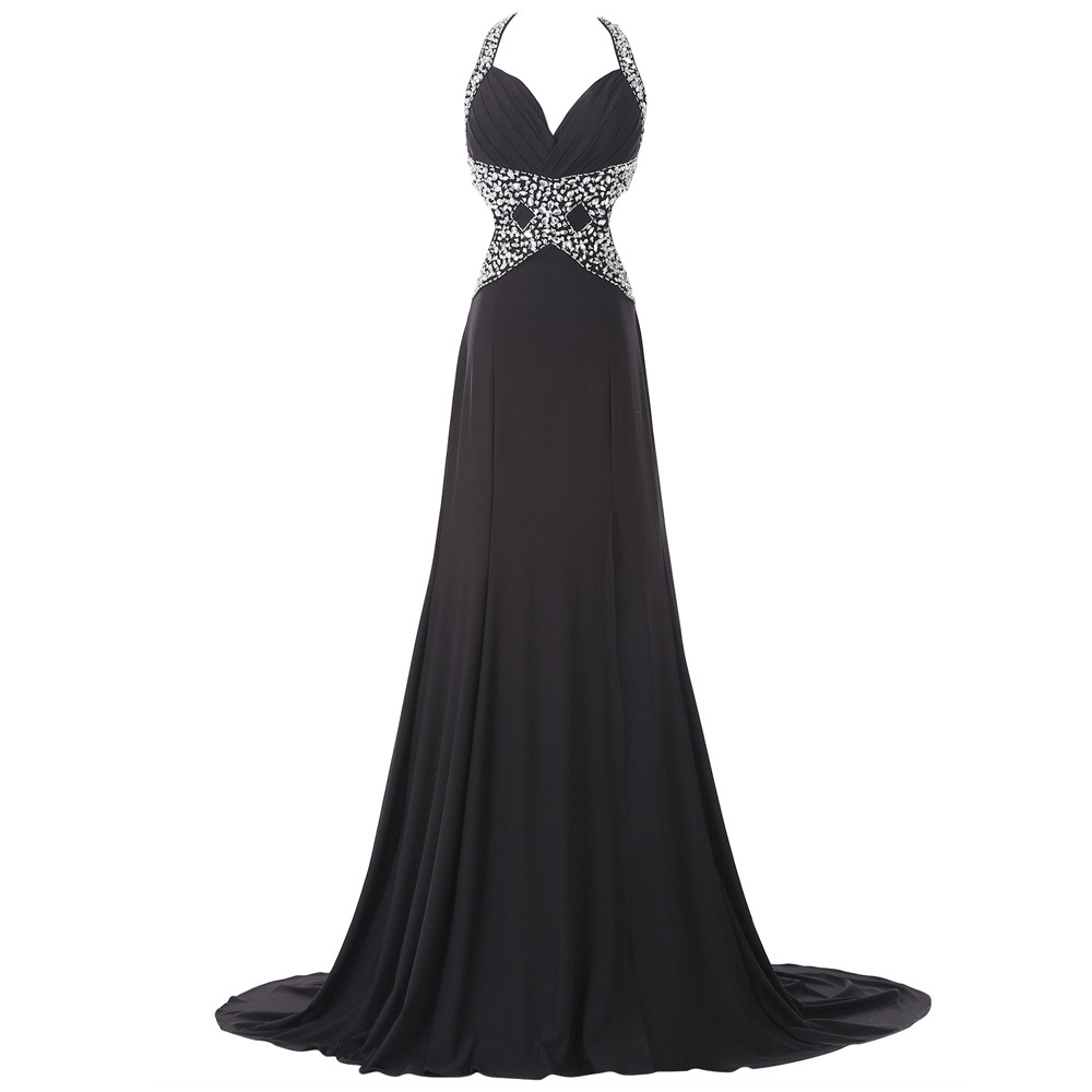 Long Evening Dress Sexy Design Backless Black Jersey Beading Gown Halter Neck Women Evening Dresses 2017