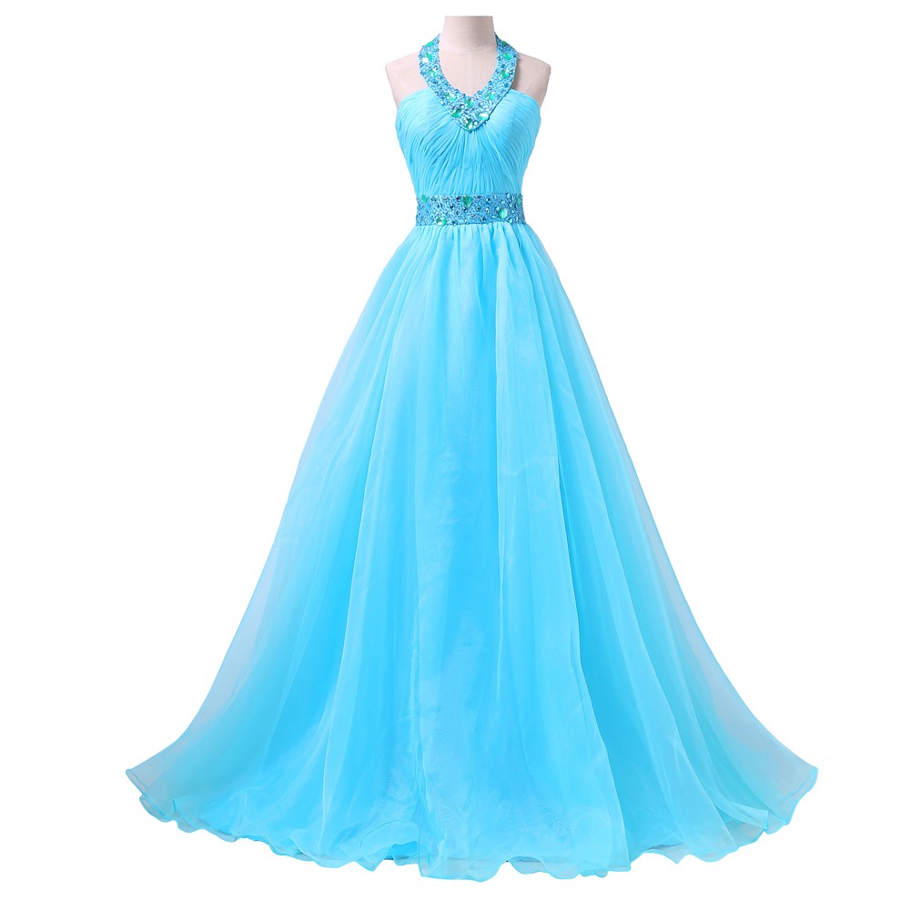 Halter V Neck Evening Dress 2017 Prom Dresses Sexy Design Elegant Long Blue Evening Ball Gown Puffy Designer Dinner Gowns
