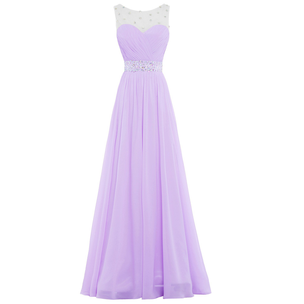 Custom Made Lilac Illusion Neckline Chiffon Ruched Prom Dress With Crystal Beading
