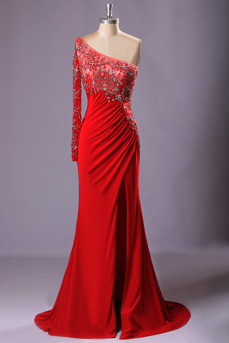 Red Bling One Shoulder Beads Crystal Vestido Para Formatura Longo Sexy Dress Mermaid Prom Dresses Real Photo Evening Dress
