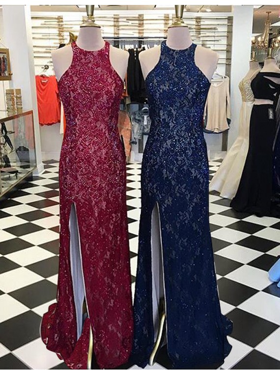 Selling Round Neck Open Back Split Front Long Burgundy/royal Blue Lace Sheath Prom Dress With Beading