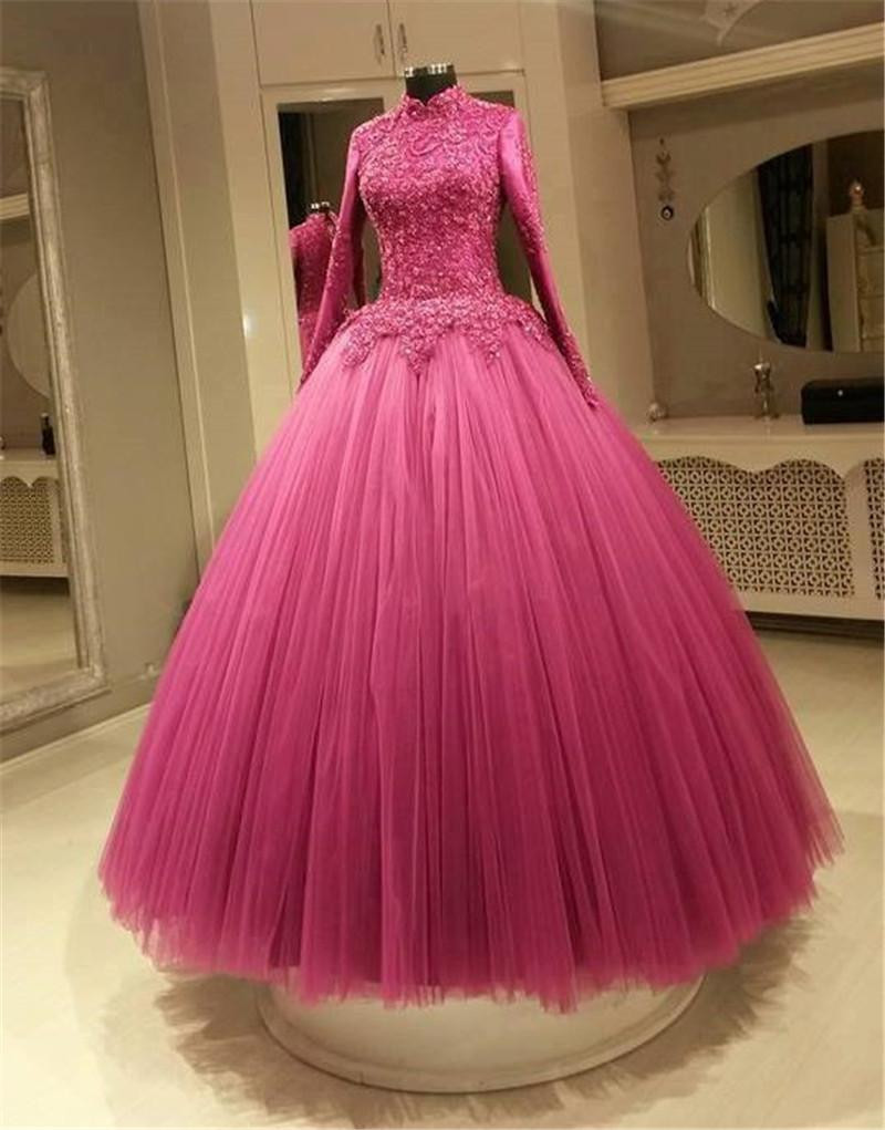 Prom Dress, New Cheap Muslim Fuchsia Color Wedding Dresses A Line High ...