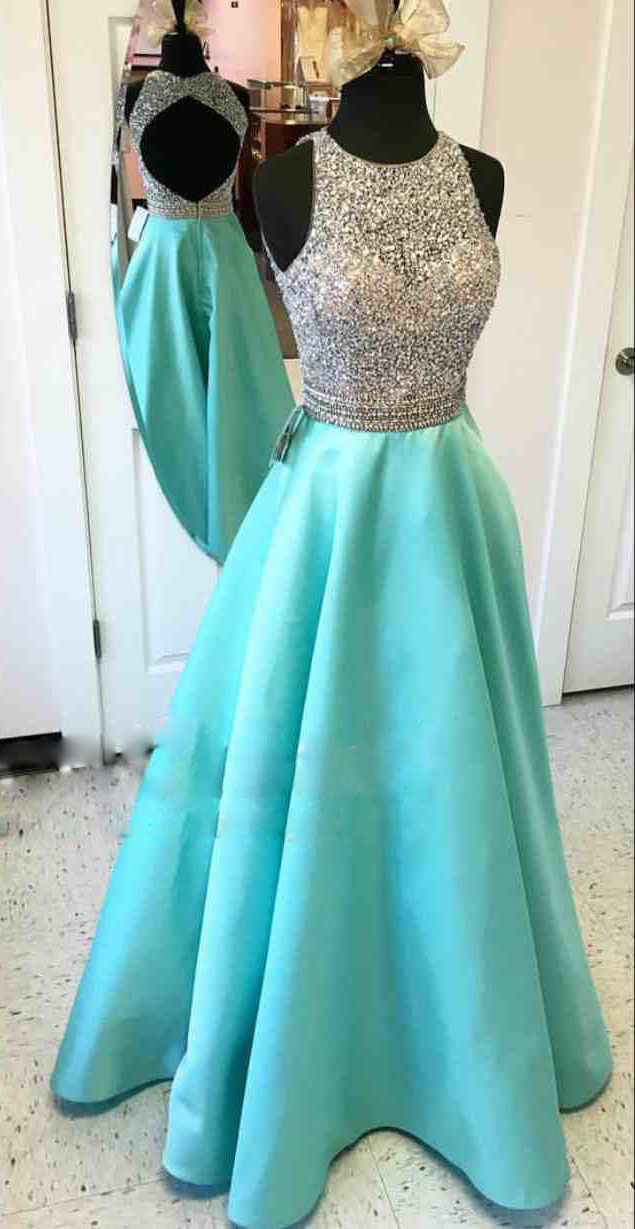Prom Dresses,scoop Prom Gowns,long Satin Prom Dresses,turquoise Prom Dress,prom Dresses With Beadings,open Back Prom Dress