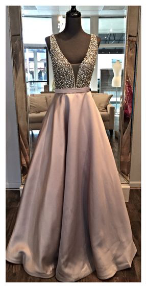 Prom Dresses,v Neck Prom Gowns,long Satin Prom Dresses,gray Prom Dress,prom Dresses With Beadings,backless Prom Dress, 2017
