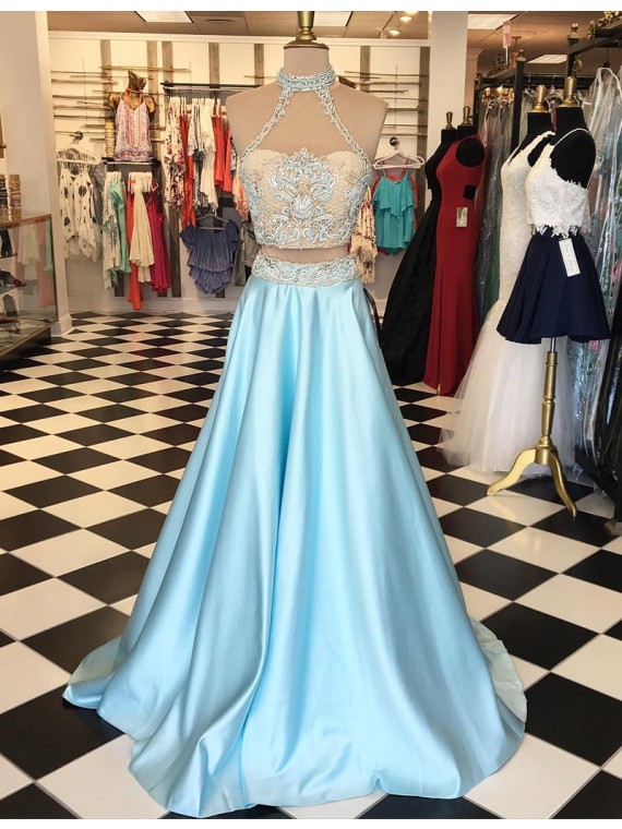 Modern Two Piece Halter Floor-length Light Blue Prom Dress With Lace Appliques