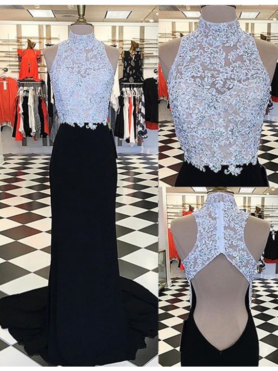 Glamorous High Neck Open Back Sweep Train Black Sheath Prom Dress With Appliques Beading
