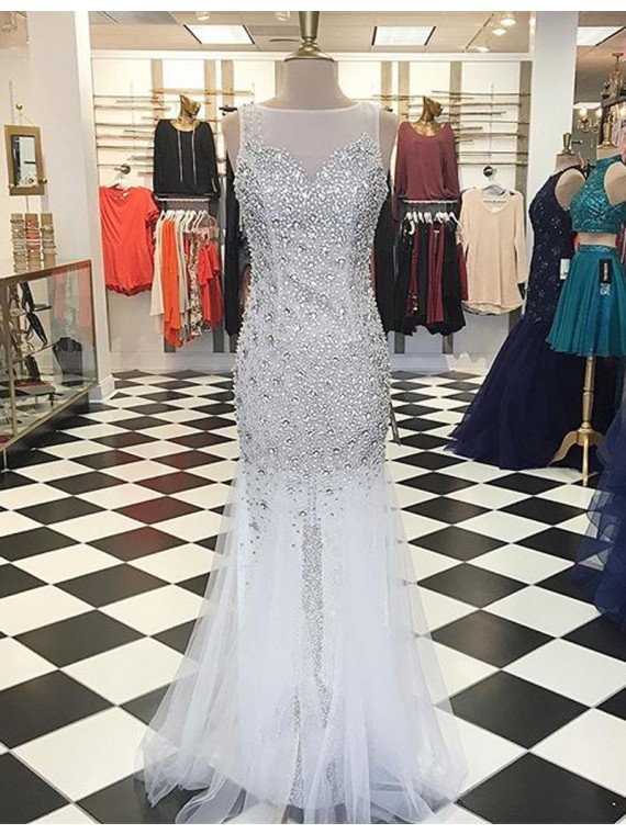 Glamorous Bateau Floor-length White Mermaid Prom Dress With Beading Crystal