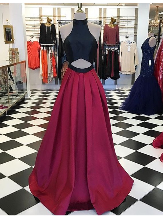 Sexy Halter Sleeveless Floor-length Burgundy A-line Prom Dress With Pleats