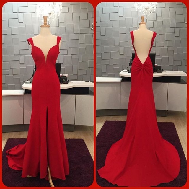 Prom Dress,sexy Elegant Prom Dresses, Red Mermaid Long Evening Dress Cap Sleeve Backless Slit Sexy Prom Dresses