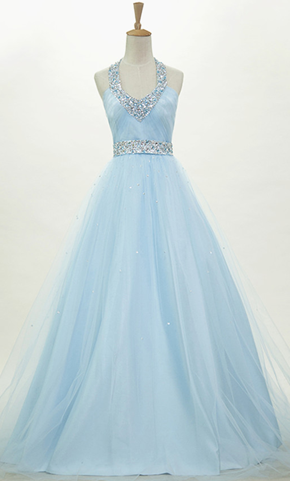 Prom Dress,sexy Elegant Prom Dresses,halter Prom Dress,sexy Prom Dress,a-line Sleeveless Popular Prom Dress,blue Prom Dress,organza Prom