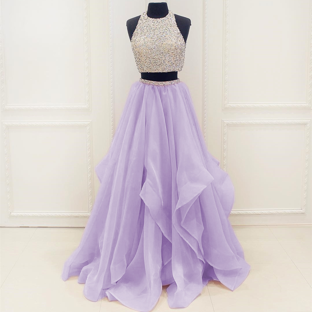 Lavender Two Piece Prom Dress,a Line Tulle Prom Gown With Beaded Crop Top