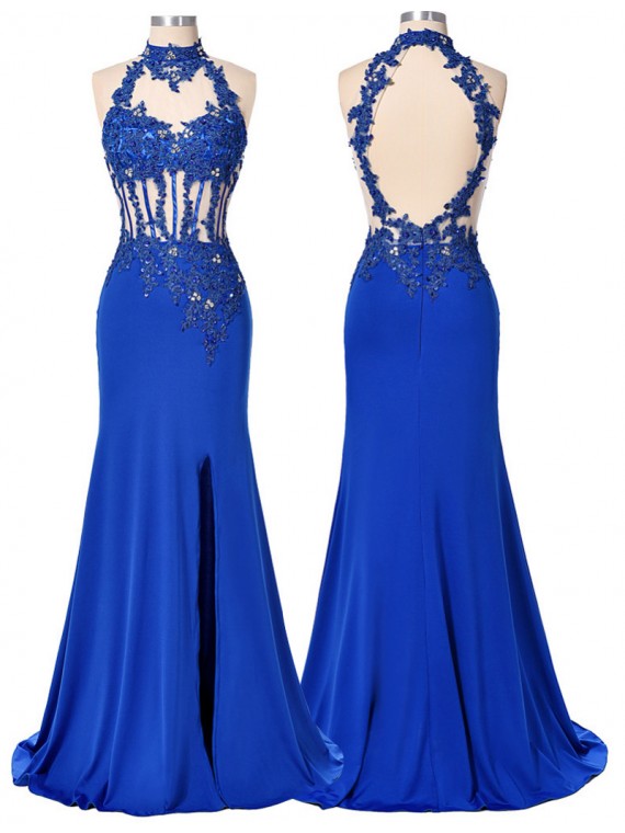 Stunning Royal Blue High Neck Keyhole Open Back Long Sheath Prom Dress With Appliques Beading
