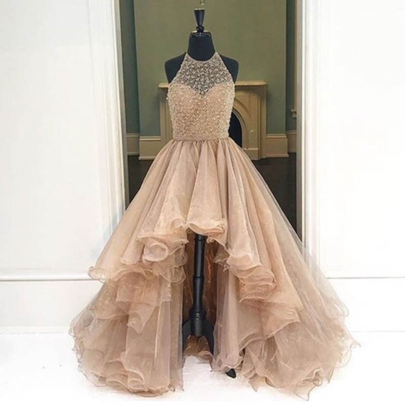 Selling A-line Champagne Prom Dress - Halter Sleeveless High Low Beading