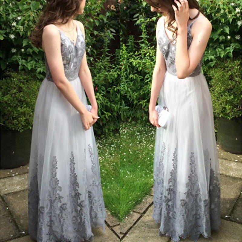 Selling Silver Prom Dress - V Neck Long Sleeveless With Grey Lace