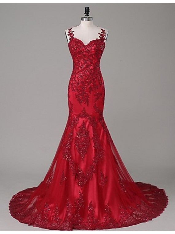 Honorable Scoop Neck Illusion Back Sweep Train Red Mermaid Prom Dress With Beading Appliques