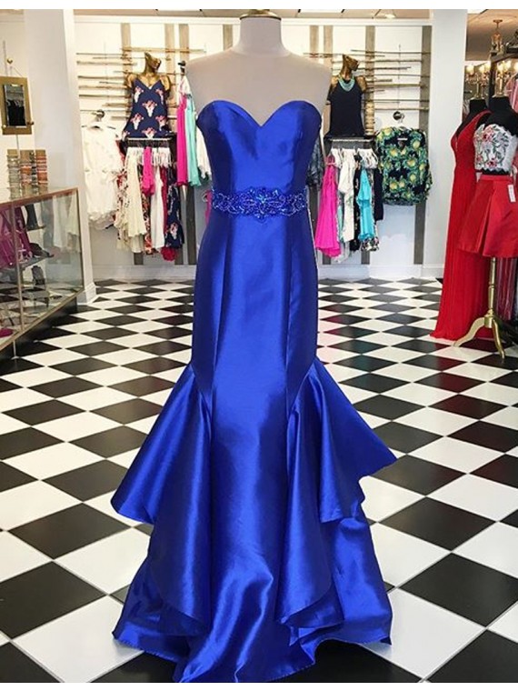 Decent Sweetheart Asymmetrical Tiered Royal Blue Mermaid Prom Dress With Beading