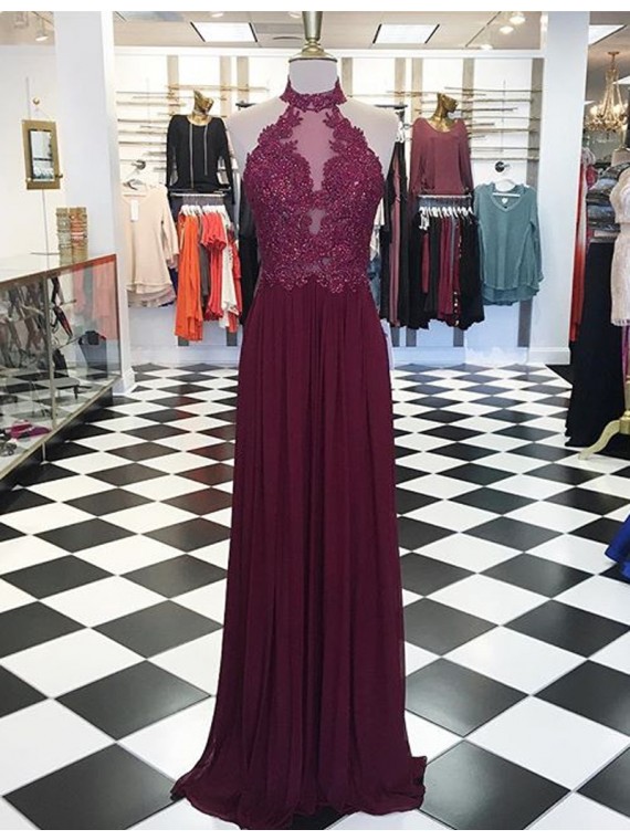 Glamorous High Neck Floor-length Burgundy Prom Dress With Lace Beading