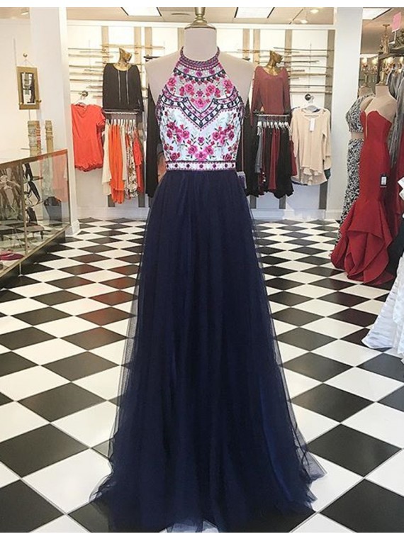 Modern Halter Floor-length Navy Blue Prom Dress With Embroidery Beading