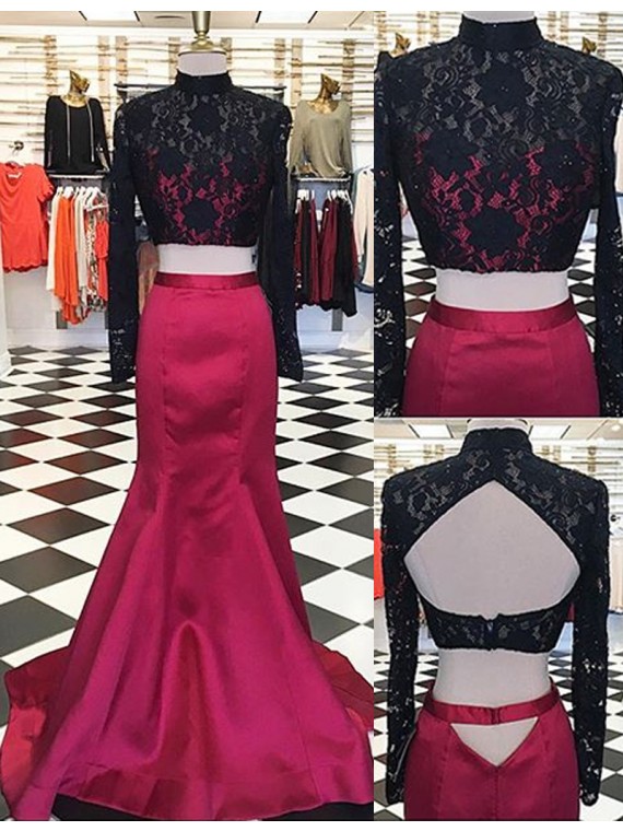 Charming Two Piece High Neck Long Sleeves Open Back Long Burgundy Prom Dress With Lace Beading