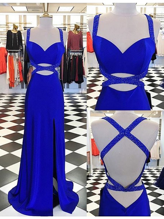 Sexy Straps Floor-length Split Front Criss-cross Straps Royal Blue Sheath Prom Dress With Beading