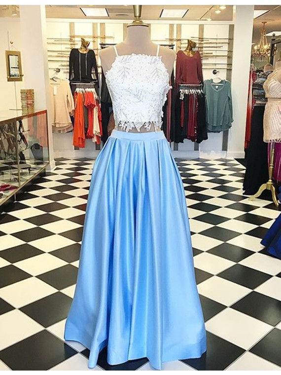 Modern Light Blue Square Floor-length Two Piece Prom Dress With Beading Lace