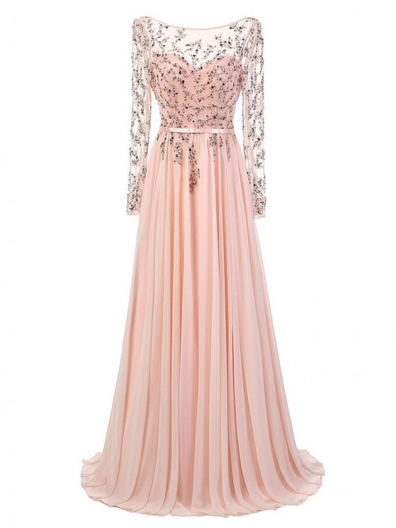Elegant A-line Crew Long Sheer Sleeves Backless Pink Prom Dress With Sequins Beading