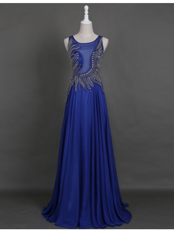 Elegant A-line Crew Floor-length Sequins Royal Blue Prom Dress With Beading