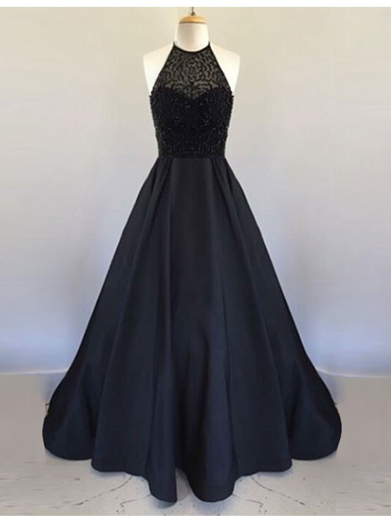 Elegant A-line Halter Sleeveless Backless Long Black Prom Dress With Beading