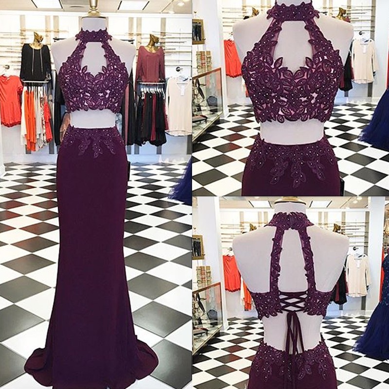 Decent Two Piece Burgundy Mermaid Prom Dress - High Neck Keyhole Open Back Lace-up Appliques Beading