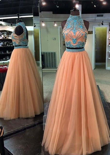 -selling Two Piece Prom Dress - High Neck Champagne with Rhinestone