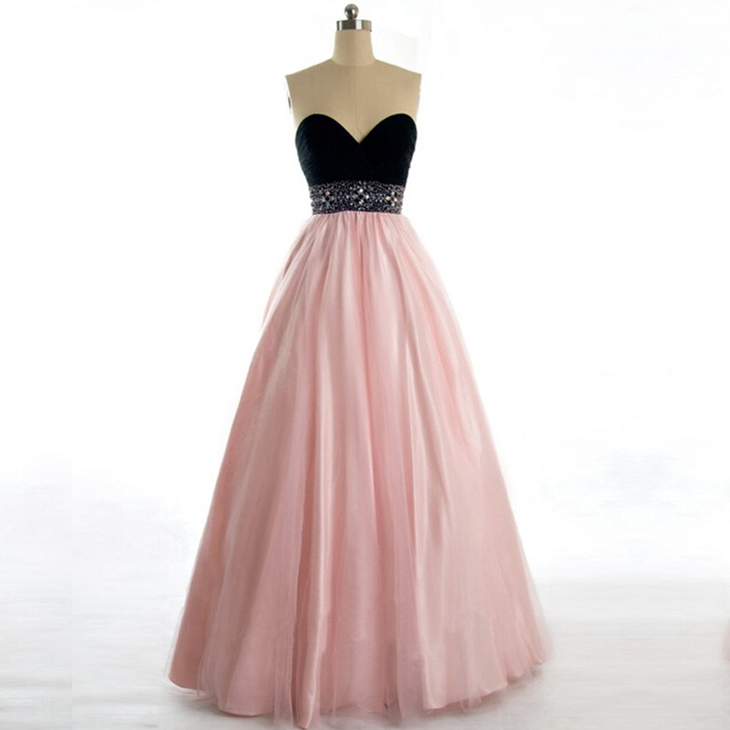Sell Floor Length Prom Dress For Pageant - Black And Pear Pink Sweetheart Tulle With Beaded