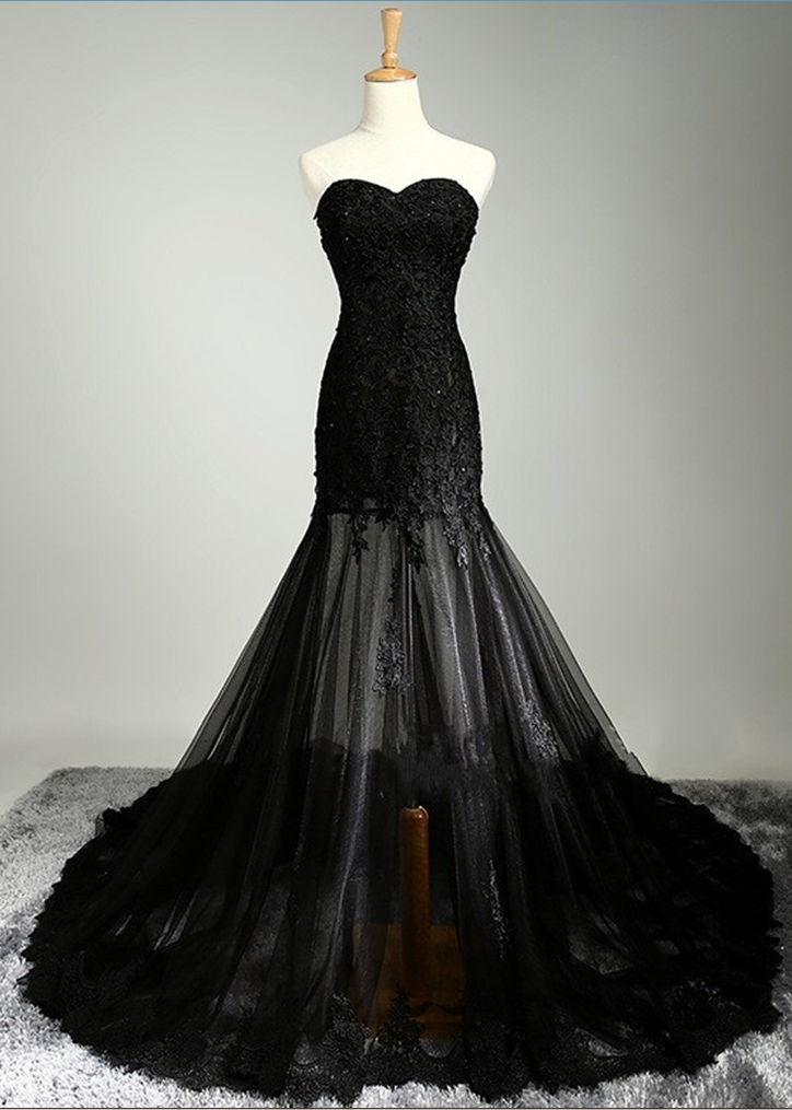 Black Mermaid Floor length Prom Dress With Sheer Bottom And Strapless Bodice