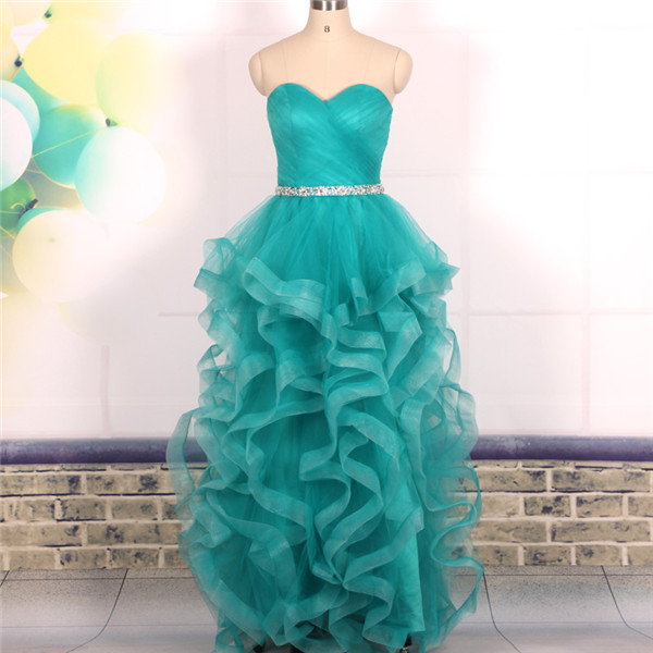 Prom Dresses, Custom Ball Gown Sweetheart Ruffle Tiered Long Turquoise Prom Dresses Gowns,formal Evening Dresses Gowns, Homecoming Graduation