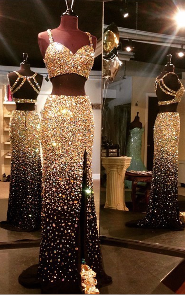Dazzling Luxury Gold Crystal Rhinestone 2 Piece Prom Dresses Real Images Backless High Front Split Sexy Black Prom Dress