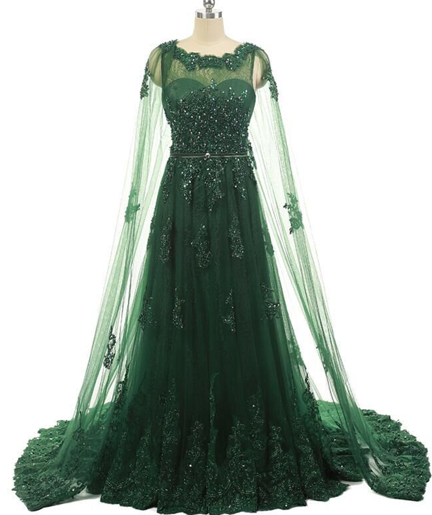 Elegant Women Formal Evening Gowns Dresses Beaded Lace Prom Dresses With Long Appliques Tulle Cape Emerald Green Evening Dress