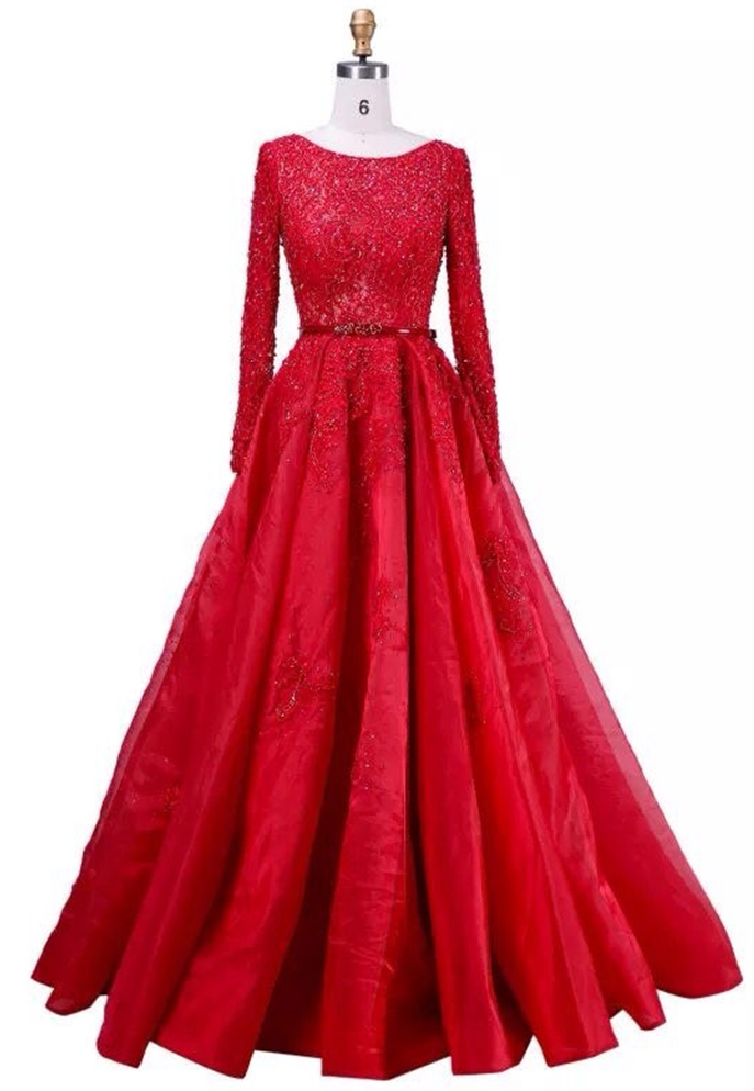 Elegant Women Formal Dress Robe De Soiree A-line Beaded Lace Long Sleeve Evening Dresses Red Evening Dress
