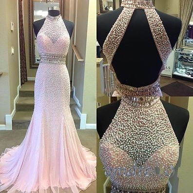 Prom Dress, Gorgeous Long Prom Dress,high Quality Prom Dress,prom Dresses ,pink Mermaid Prom Gowns,high Neck Halter Pearl Beaded Evening
