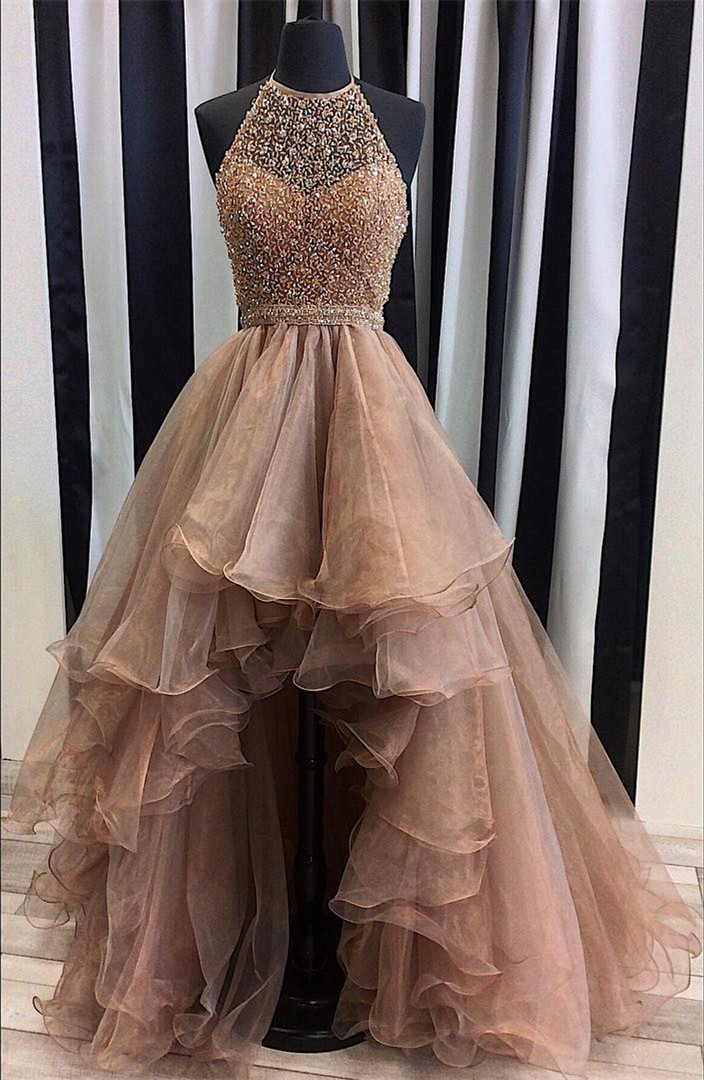 Sequins Beaded Prom Dress,organza Prom Dress,high Low Prom Dress,halter Prom Gowns,champagne Prom Dress,prom Dresses,wedding Guest Prom Gowns,
