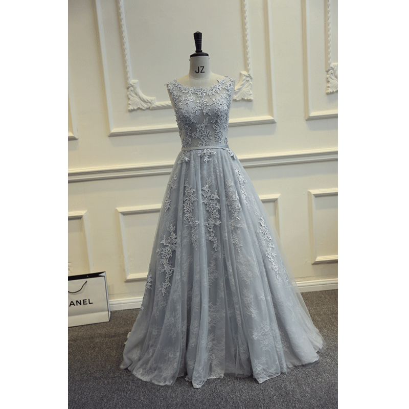 Real Photos Grey Long Prom Dresses 2016 Floor Length Tulle With Lace Vestido De Formatura Longo Party Dresses Elegant A Line