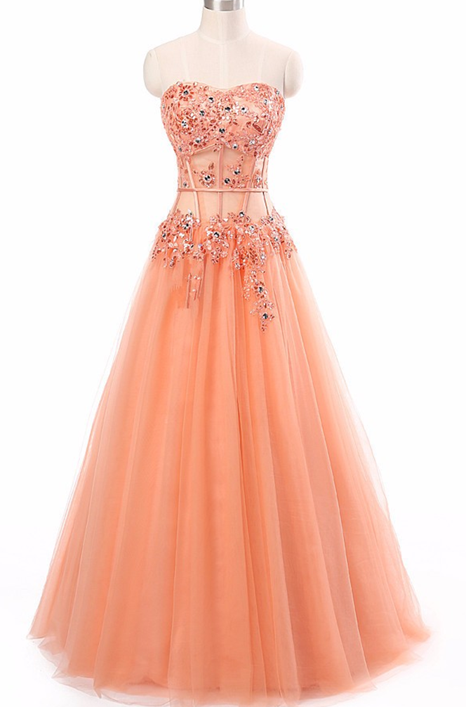 Long Prom Dress 2017 Coral Appliques See Through Corset