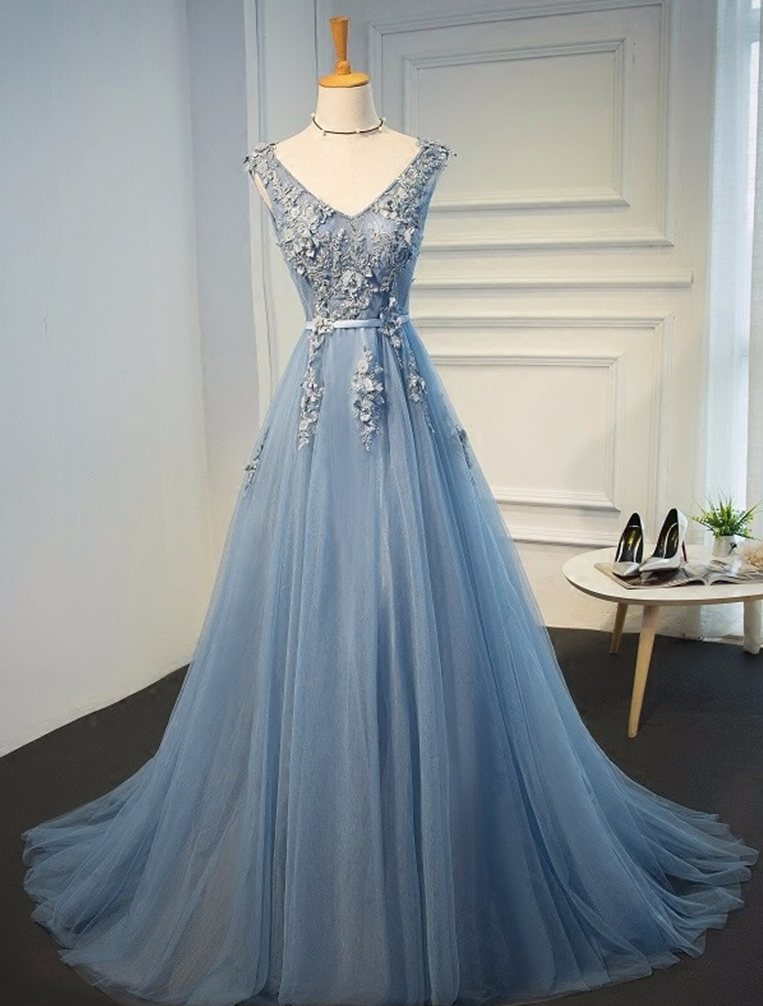 Blue Evening Gowns Dresses 2017 Plus Size Tulle Appliques Long Formal Dresses V Neck Lace Up Sleeveless Robe de Soiree