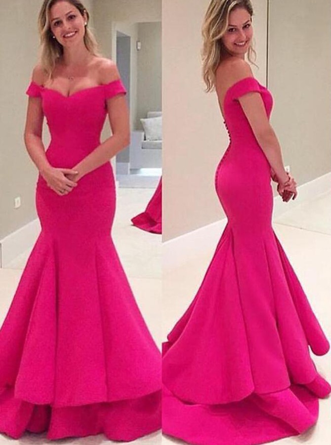 Off Shoulder Prom  Dress  Hot Pink  Prom  Dresses  High Quality 
