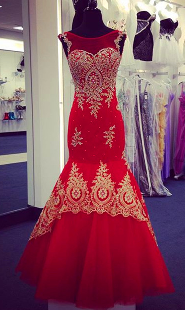 Prom Dress, Prom Dress,modest Prom Dresses,red Mermaid Evening Dresses Gold Lace Appliques Cap Sleeves Prom Gowns