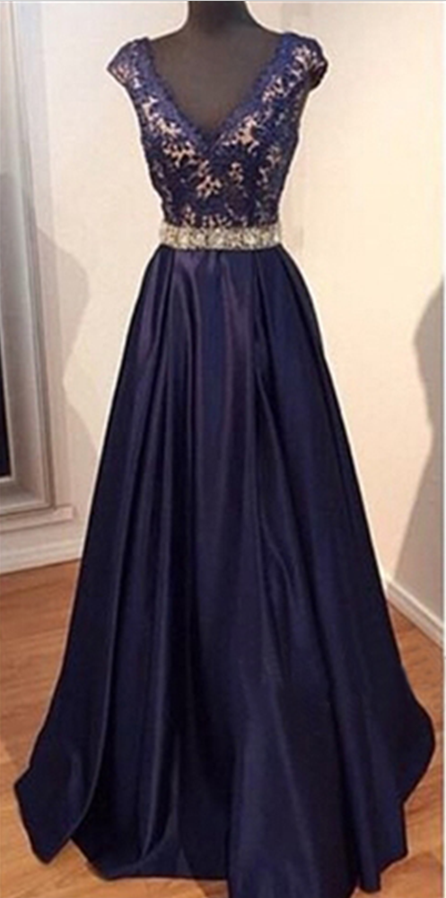 Long Prom Dress, Navy Prom Dress, Party Prom Dress, Taffeta Prom Dress, Prom Dress, Modest V-neck Prom Dress, Evening Dress Gown