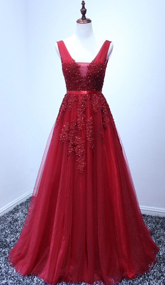Red A-line Prom Dress,long Prom Dresses,lace Prom Dress,v-neck Prom Dresses,charming Prom Dress,party Prom Dresses,red Homecoming